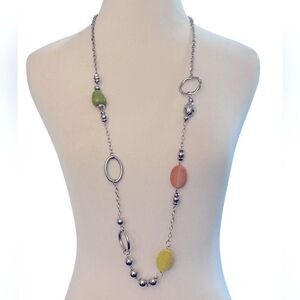 Colorful Beaded Long Silver Tone Statement Necklace